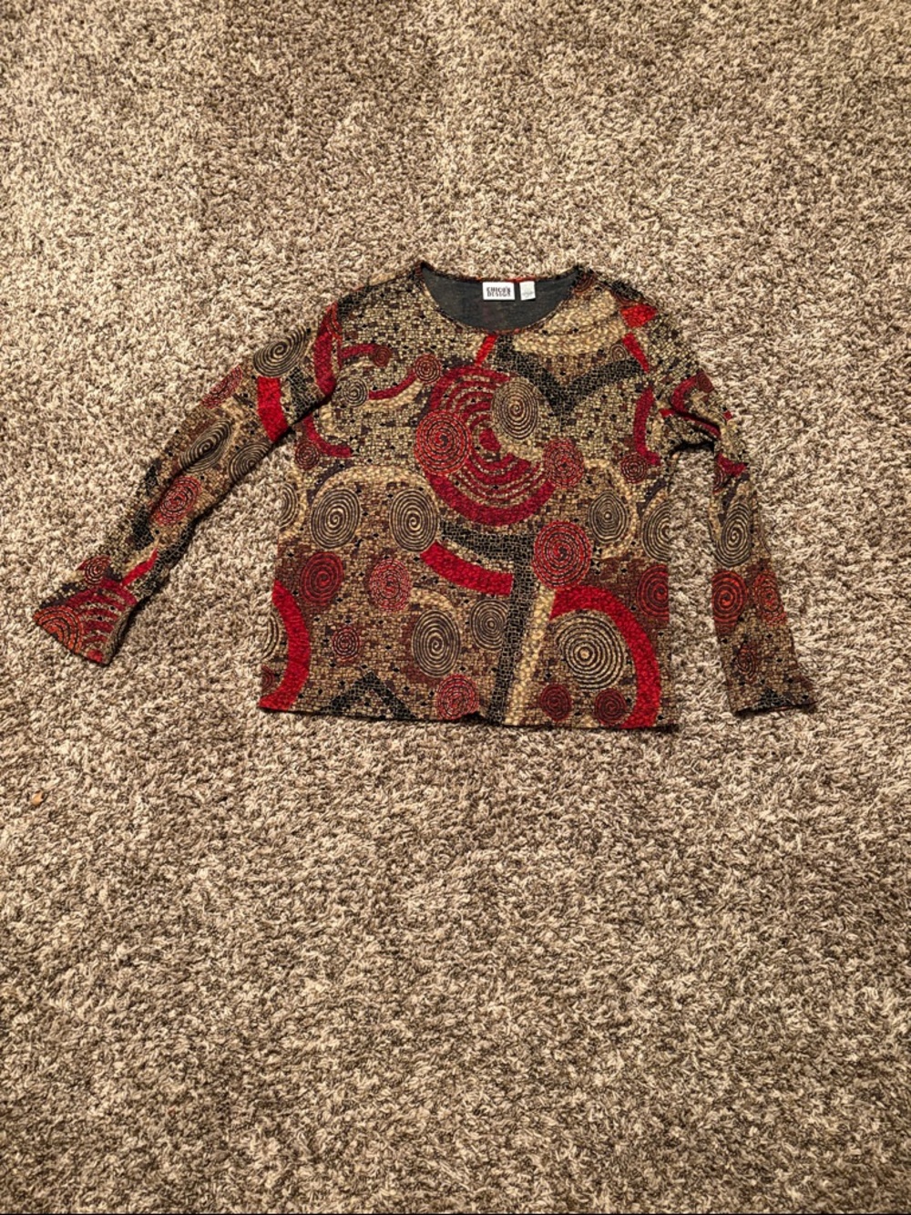 Chicos Design ladies size 3 Long-Sleeve Swirl Print Top in Red and Gold